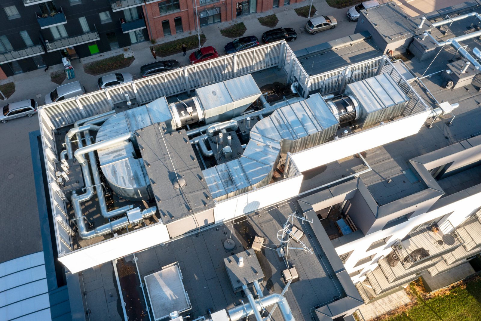 Ventilation and air conditioning system on the roof of the house. View from above